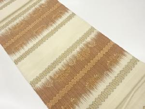 手織り紬横段に花葉模様織出し袋帯